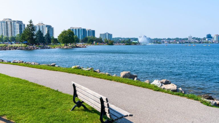 a park bench by the Barrie waterfront